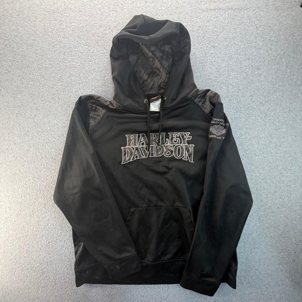 Harley Davidson Men XL Black Performance Fleece Hoodie Green Bay WI Vandervest